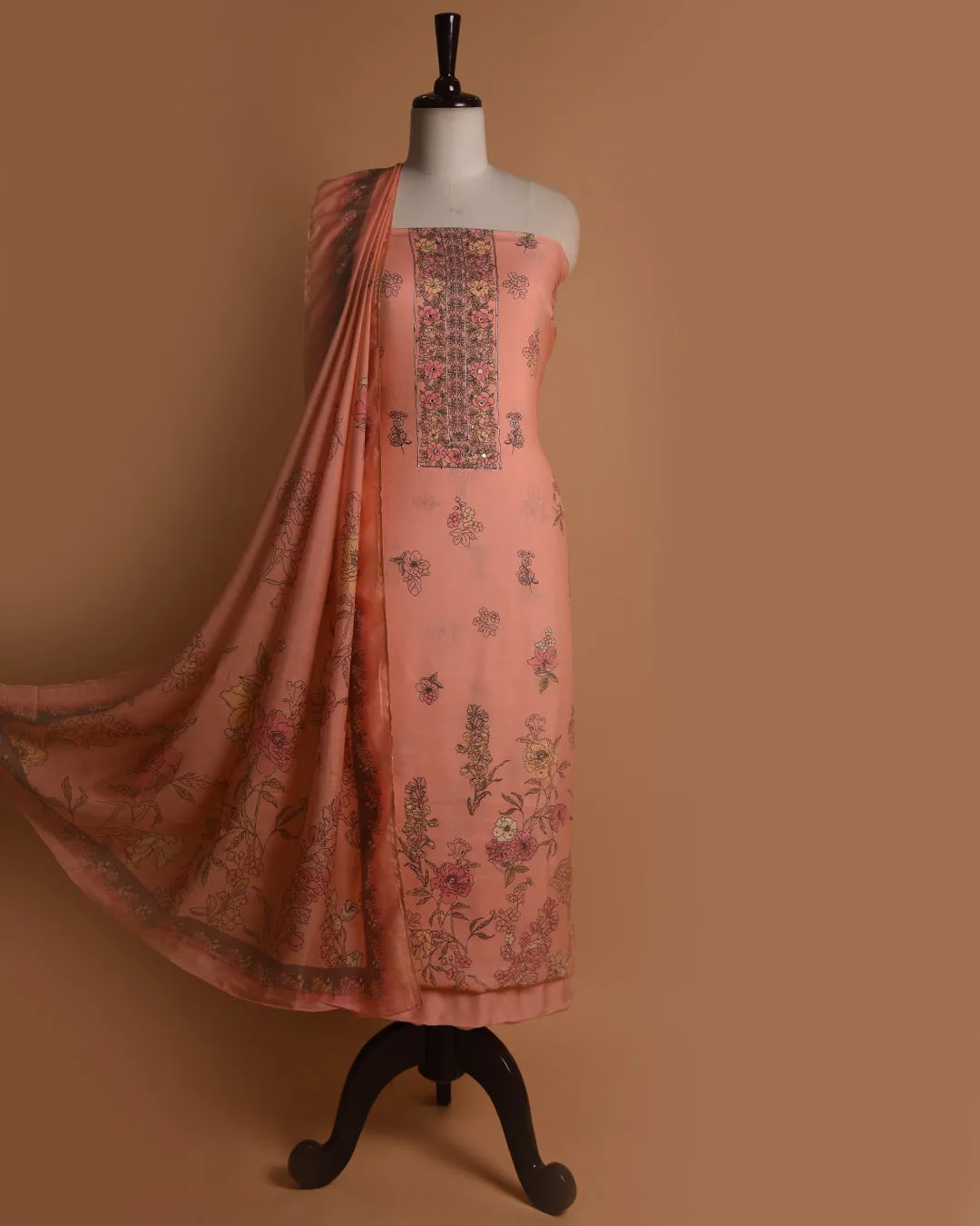 Peach Muslin Blend Printed Unstitched Suit Fabric Set With Muslin Dupatta