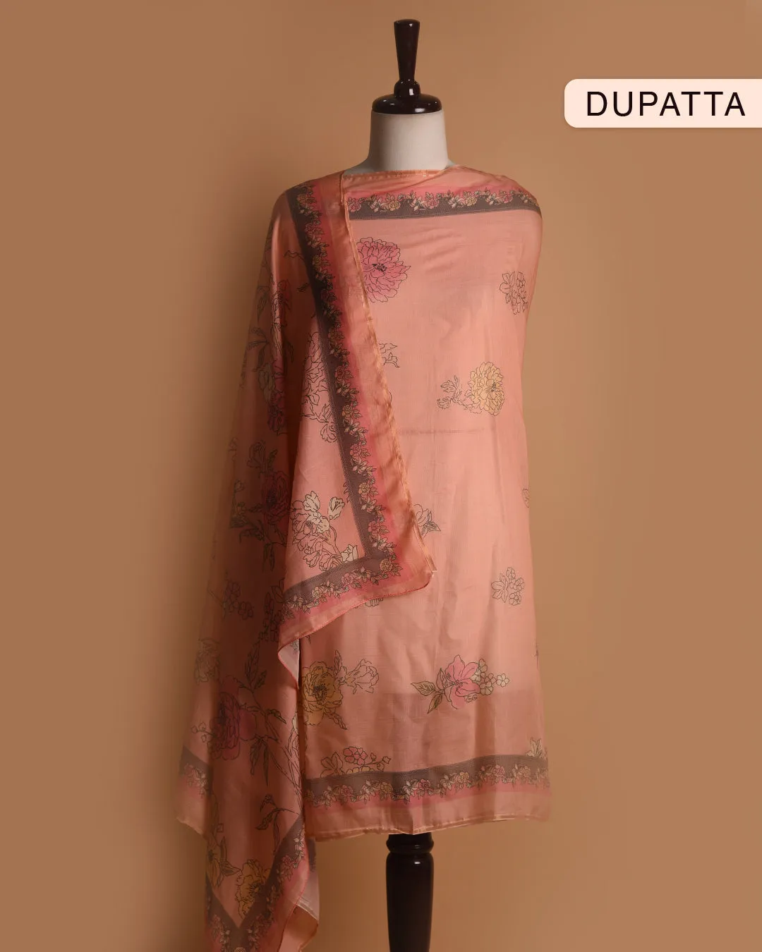 Peach Muslin Blend Printed Unstitched Suit Fabric Set With Muslin Dupatta