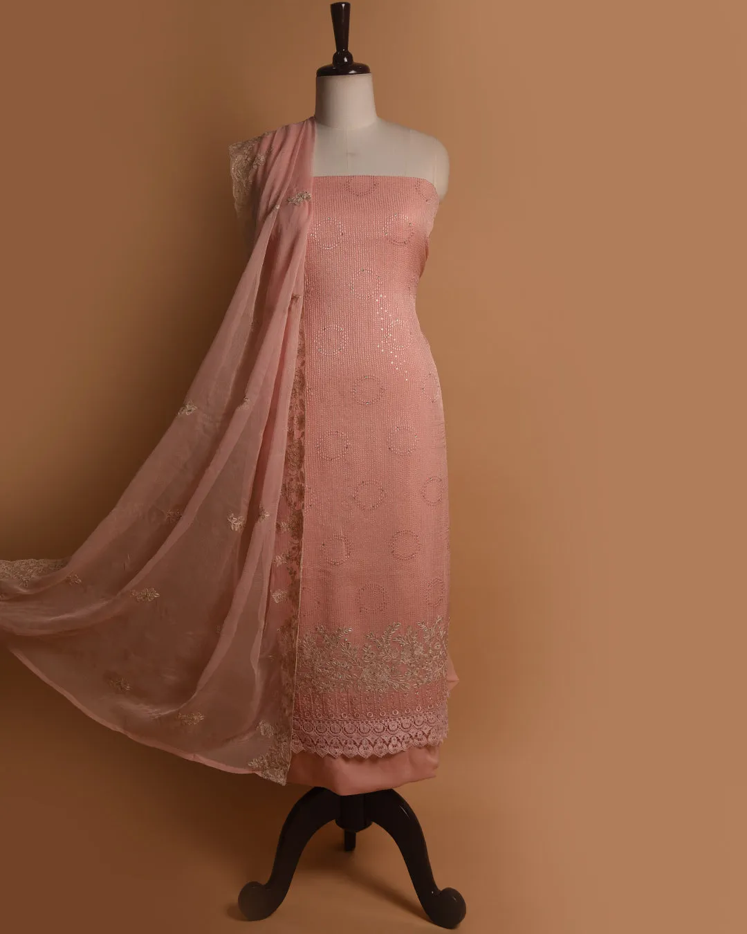 Peach Organza Blend Embroidered Unstitched Suit Fabric Set With Chiffon Dupatta