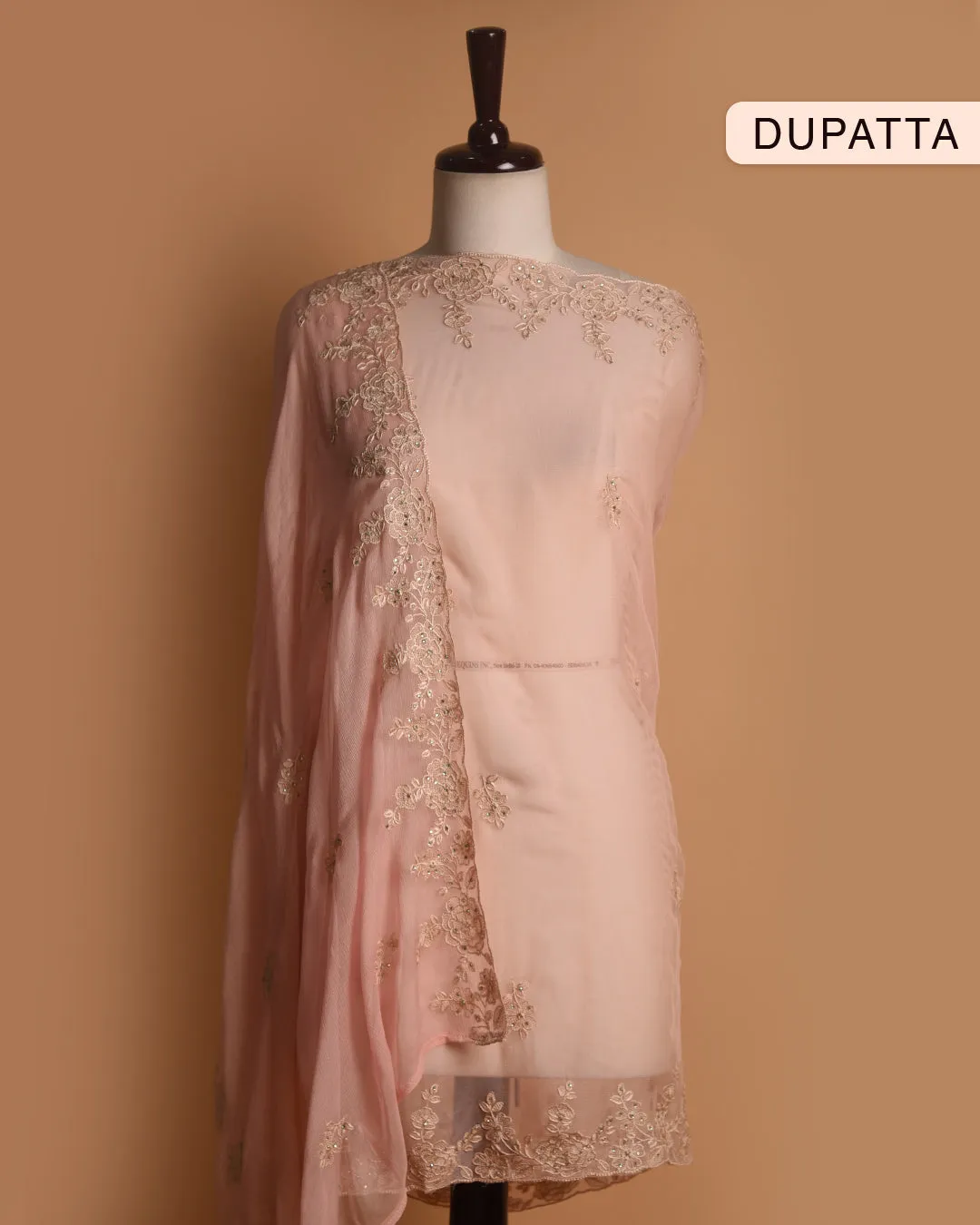 Peach Organza Blend Embroidered Unstitched Suit Fabric Set With Chiffon Dupatta