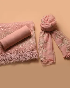 Peach Organza Blend Embroidered Unstitched Suit Fabric Set With Chiffon Dupatta