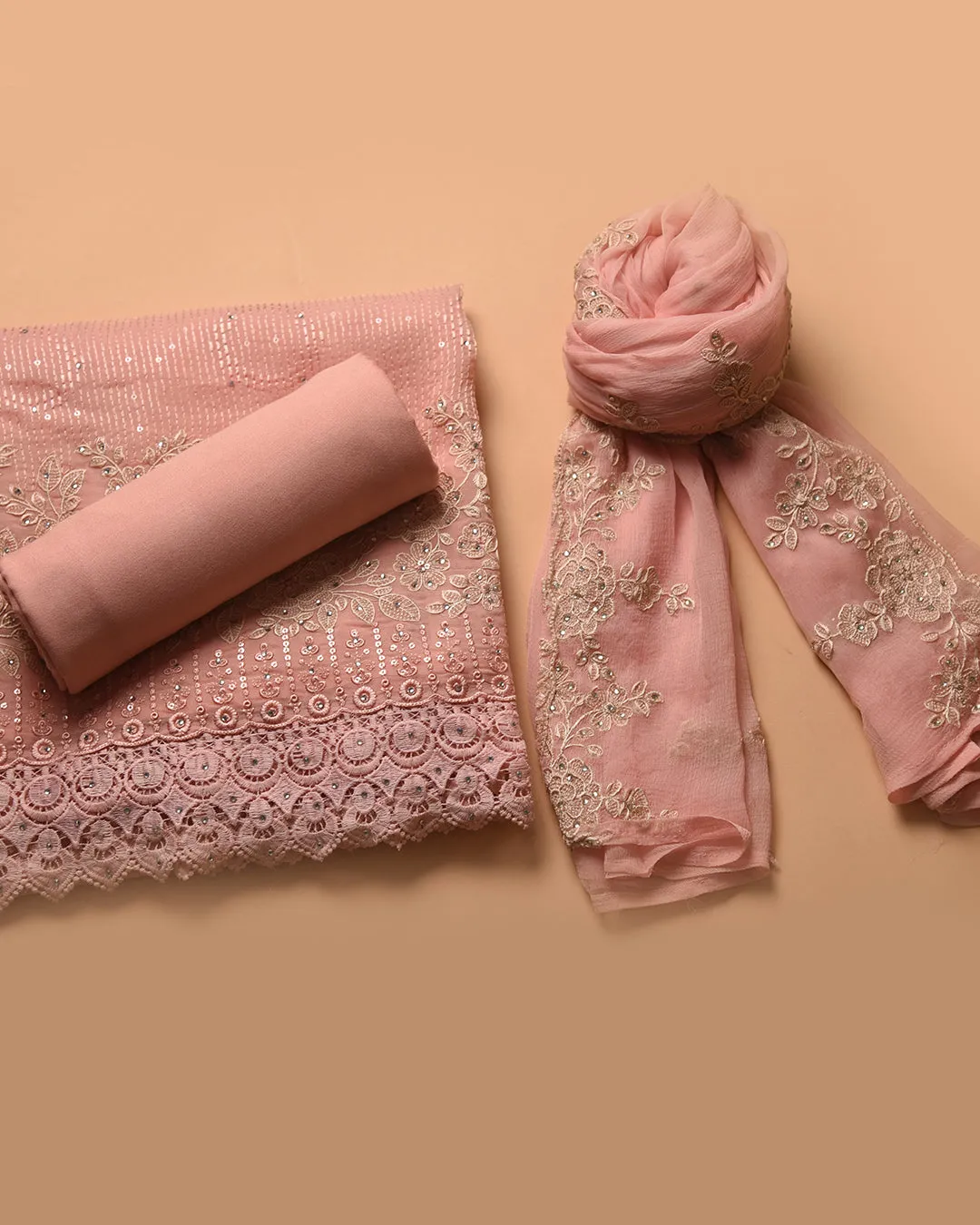 Peach Organza Blend Embroidered Unstitched Suit Fabric Set With Chiffon Dupatta