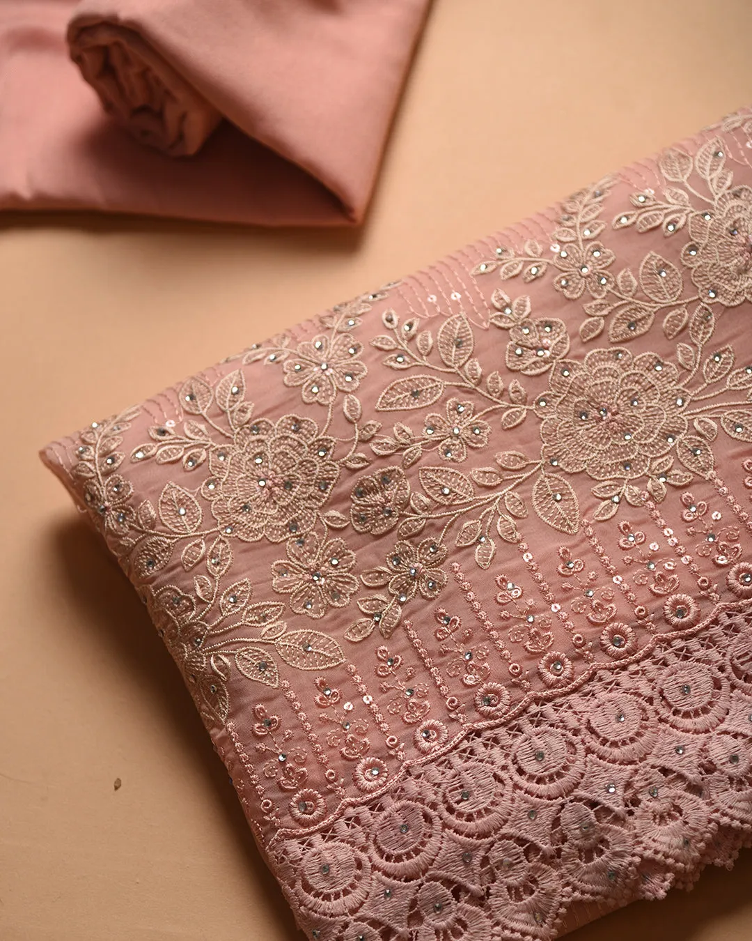 Peach Organza Blend Embroidered Unstitched Suit Fabric Set With Chiffon Dupatta