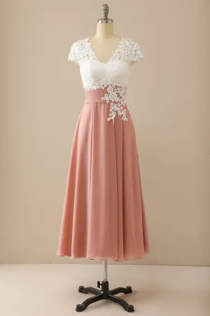 Pink Cap Sleeves Appliques Empire Tea-Length Mother of the Bride Dress