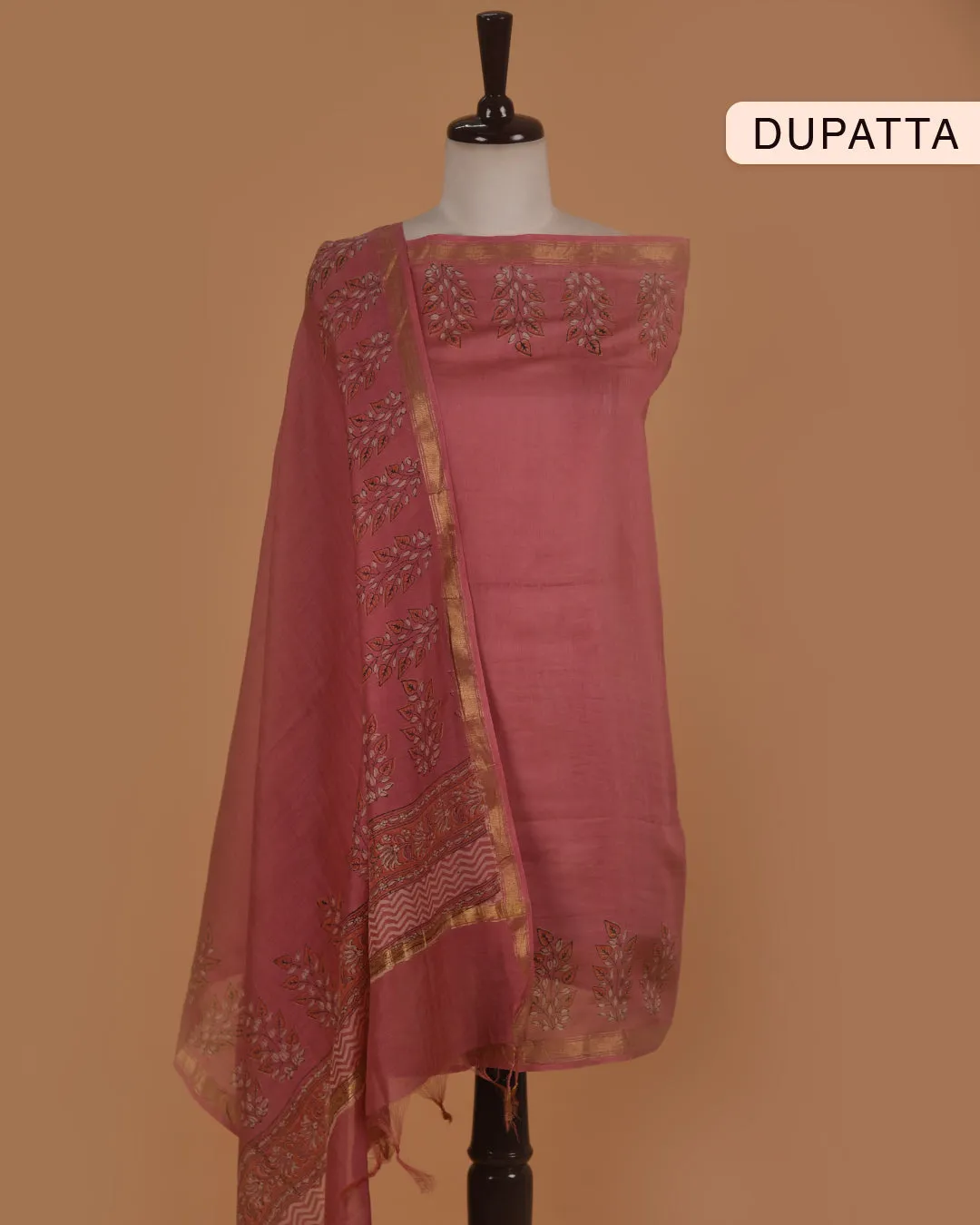 Pink Chanderi Silk Blend Printed Unstitched Suit Fabric Set With Chanderi Dupatta