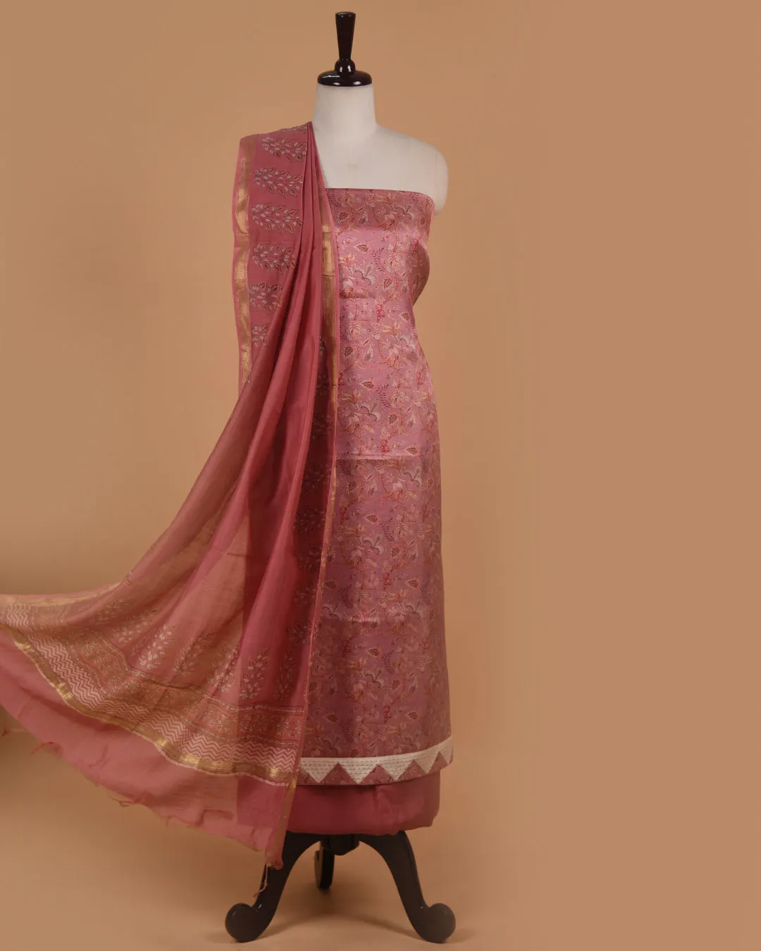 Pink Chanderi Silk Blend Printed Unstitched Suit Fabric Set With Chanderi Dupatta