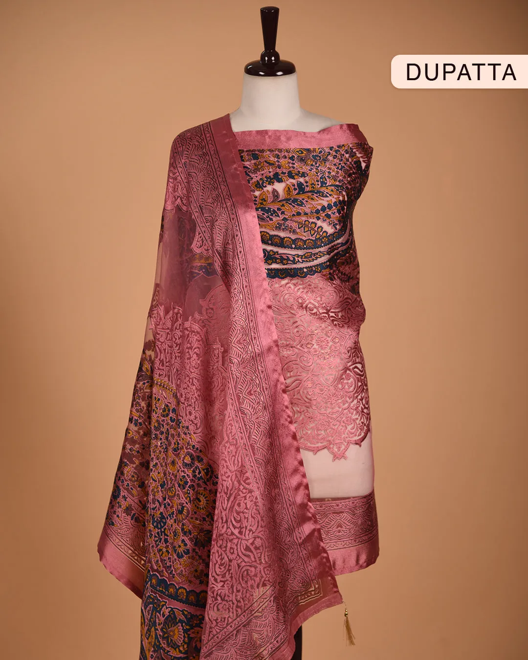 Pink Chanderi Thread Embroidered Unstitched Suit Fabric Set With Organza Printed Dupatta