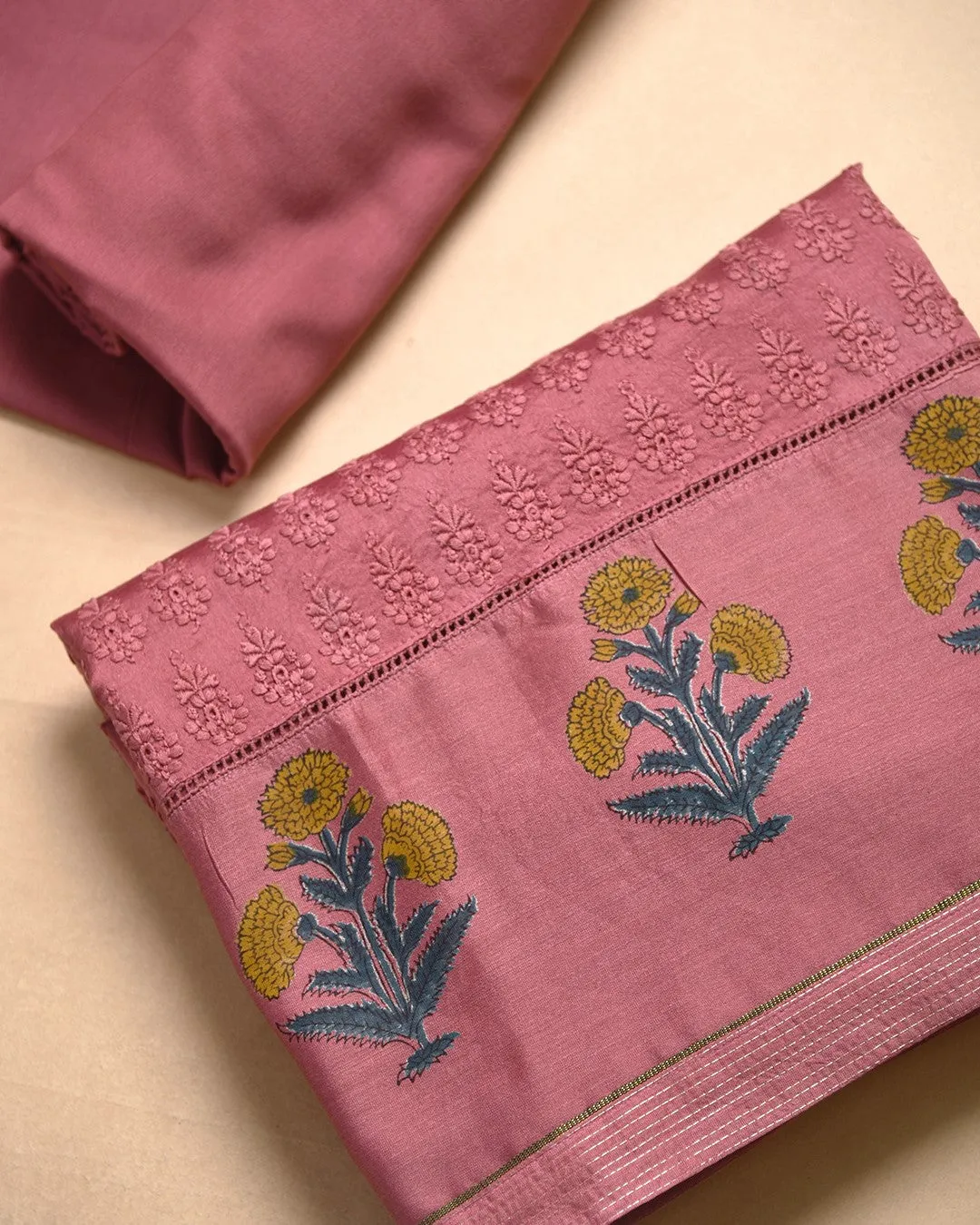 Pink Chanderi Thread Embroidered Unstitched Suit Fabric Set With Organza Printed Dupatta