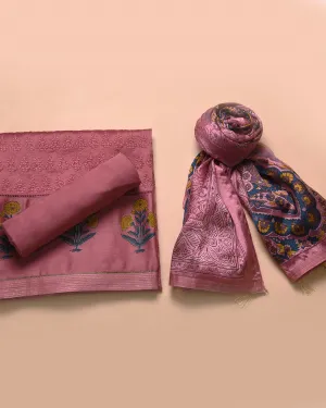 Pink Chanderi Thread Embroidered Unstitched Suit Fabric Set With Organza Printed Dupatta