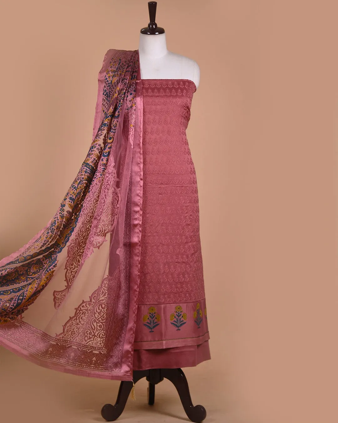 Pink Chanderi Thread Embroidered Unstitched Suit Fabric Set With Organza Printed Dupatta