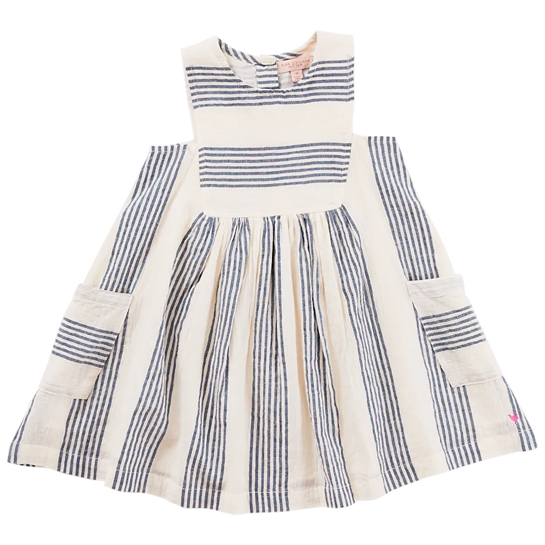 Pink Chicken Courtina Dress - Antique White / Navy Column Stripe