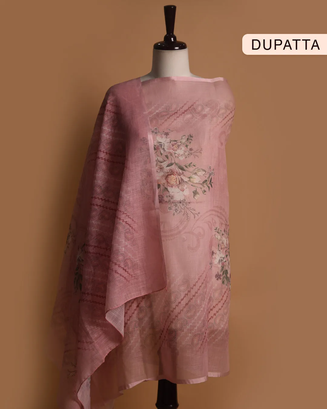 Pink Linen Blend Printed With Embroidery Unstitched Suit Fabric Set With Linen Dupatta
