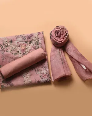 Pink Linen Blend Printed With Embroidery Unstitched Suit Fabric Set With Linen Dupatta