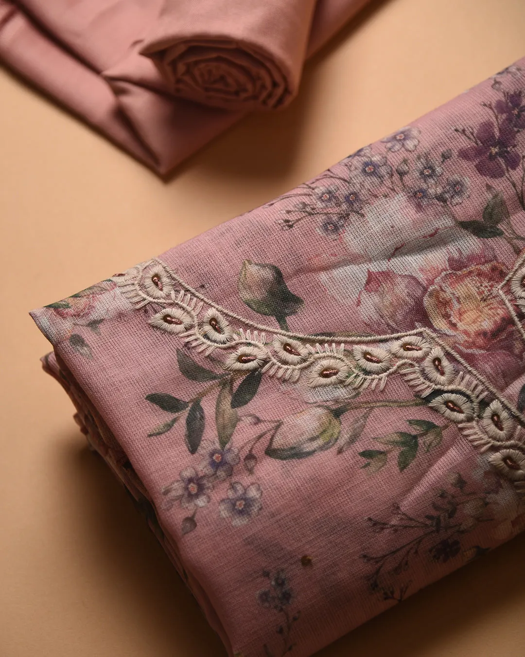 Pink Linen Blend Printed With Embroidery Unstitched Suit Fabric Set With Linen Dupatta