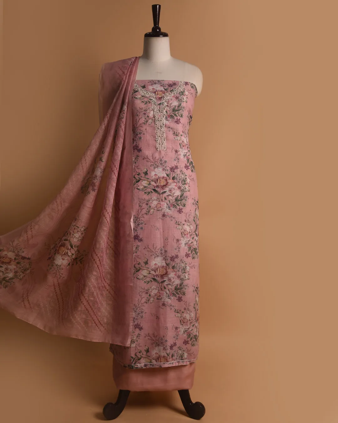 Pink Linen Blend Printed With Embroidery Unstitched Suit Fabric Set With Linen Dupatta