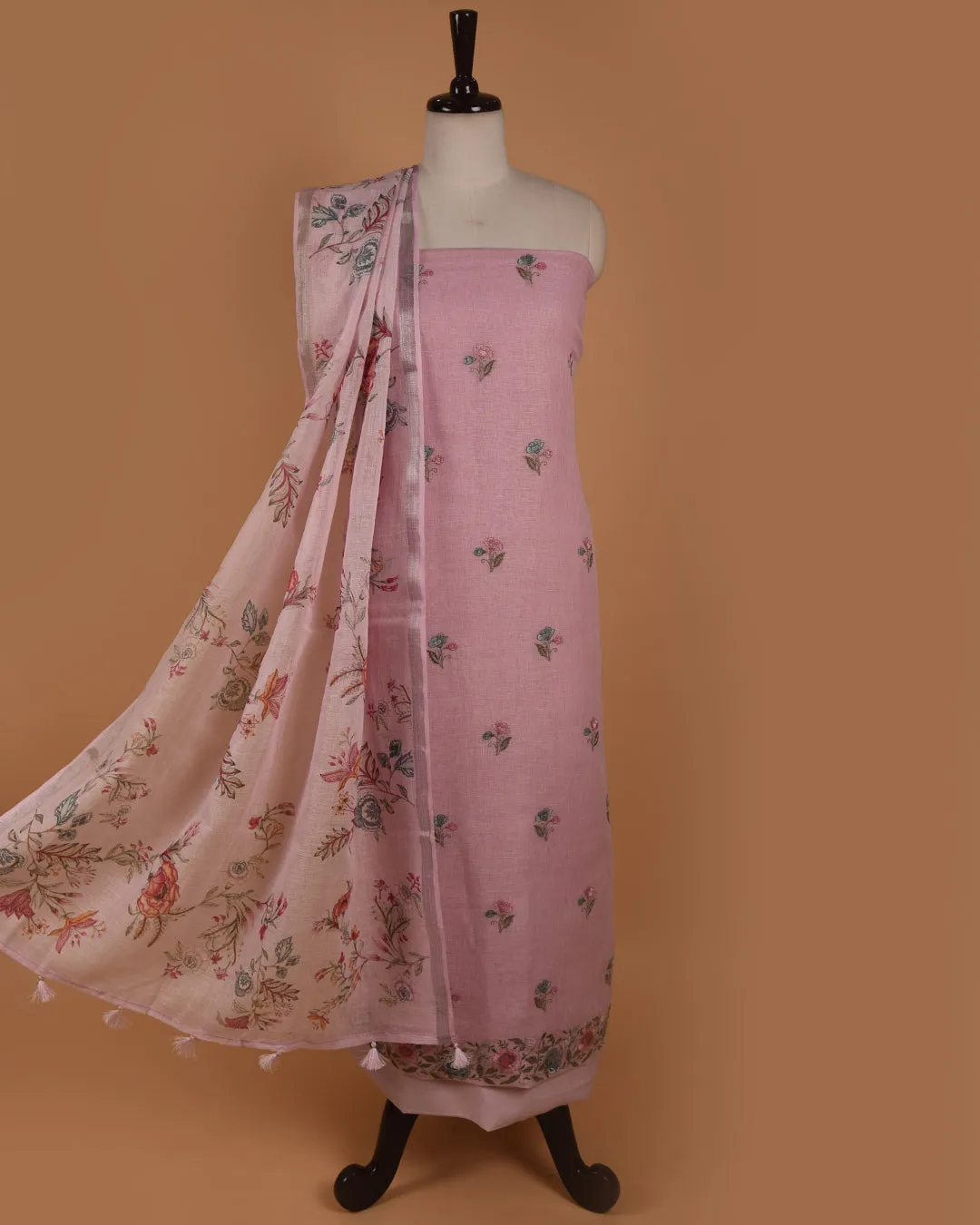Pink Linen Embroidered Unstitched Suit Fabric Set With Linen Printed Dupatta