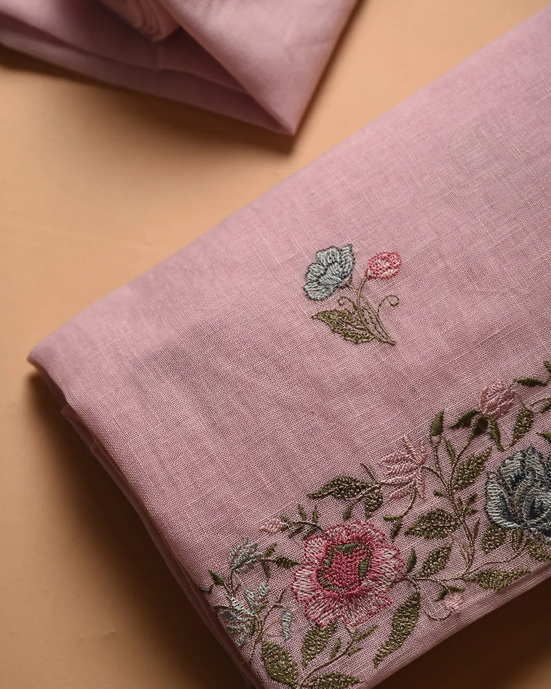Pink Linen Embroidered Unstitched Suit Fabric Set With Linen Printed Dupatta
