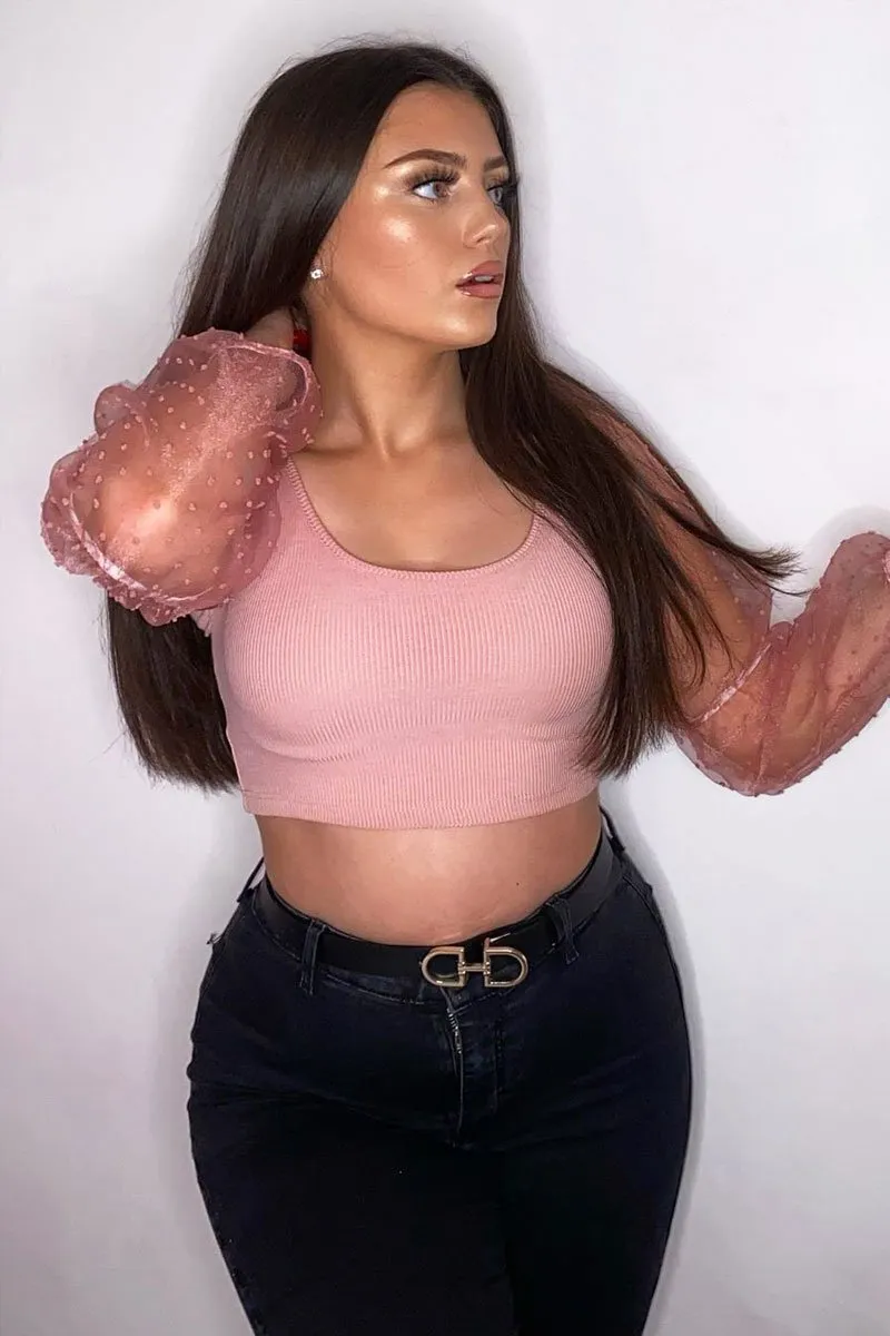 Pink Polka Dot Organza Sleeve Crop Top - Bianca