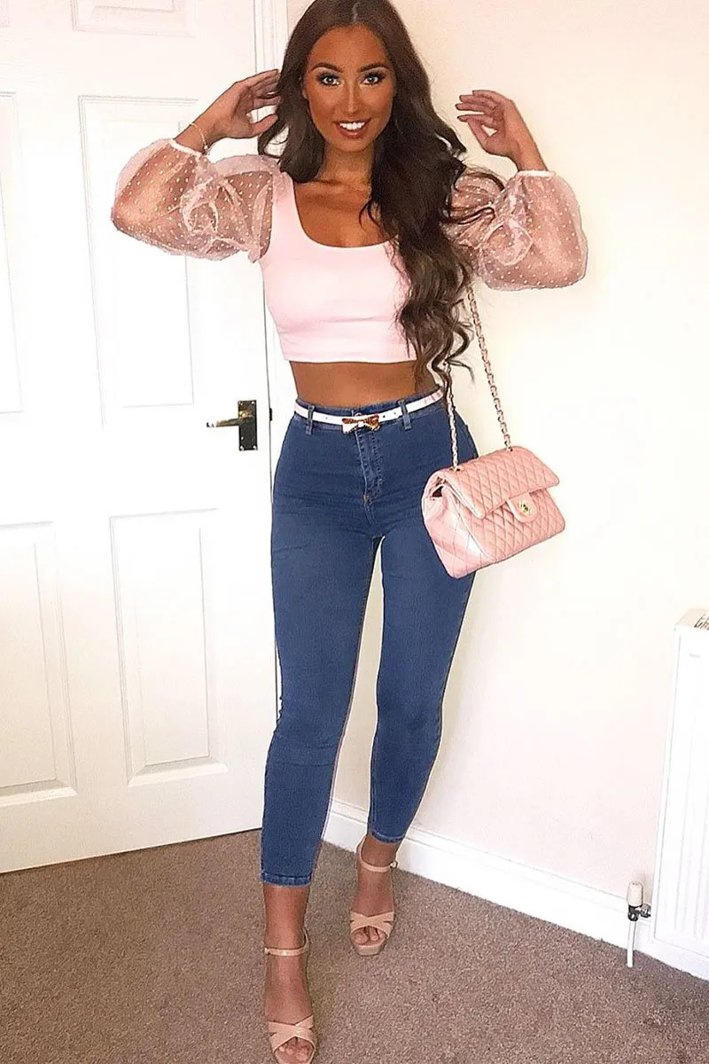 Pink Polka Dot Organza Sleeve Crop Top - Bianca