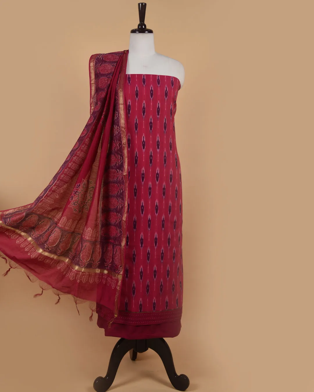Pink Pure Cotton Ikat Unstitched Suit Fabric Set With Chanderi Printed Dupatta