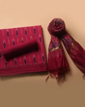 Pink Pure Cotton Ikat Unstitched Suit Fabric Set With Chanderi Printed Dupatta