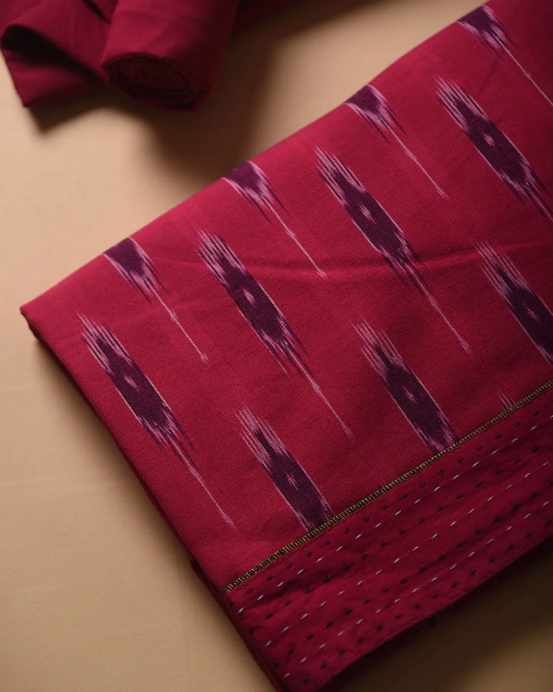 Pink Pure Cotton Ikat Unstitched Suit Fabric Set With Chanderi Printed Dupatta