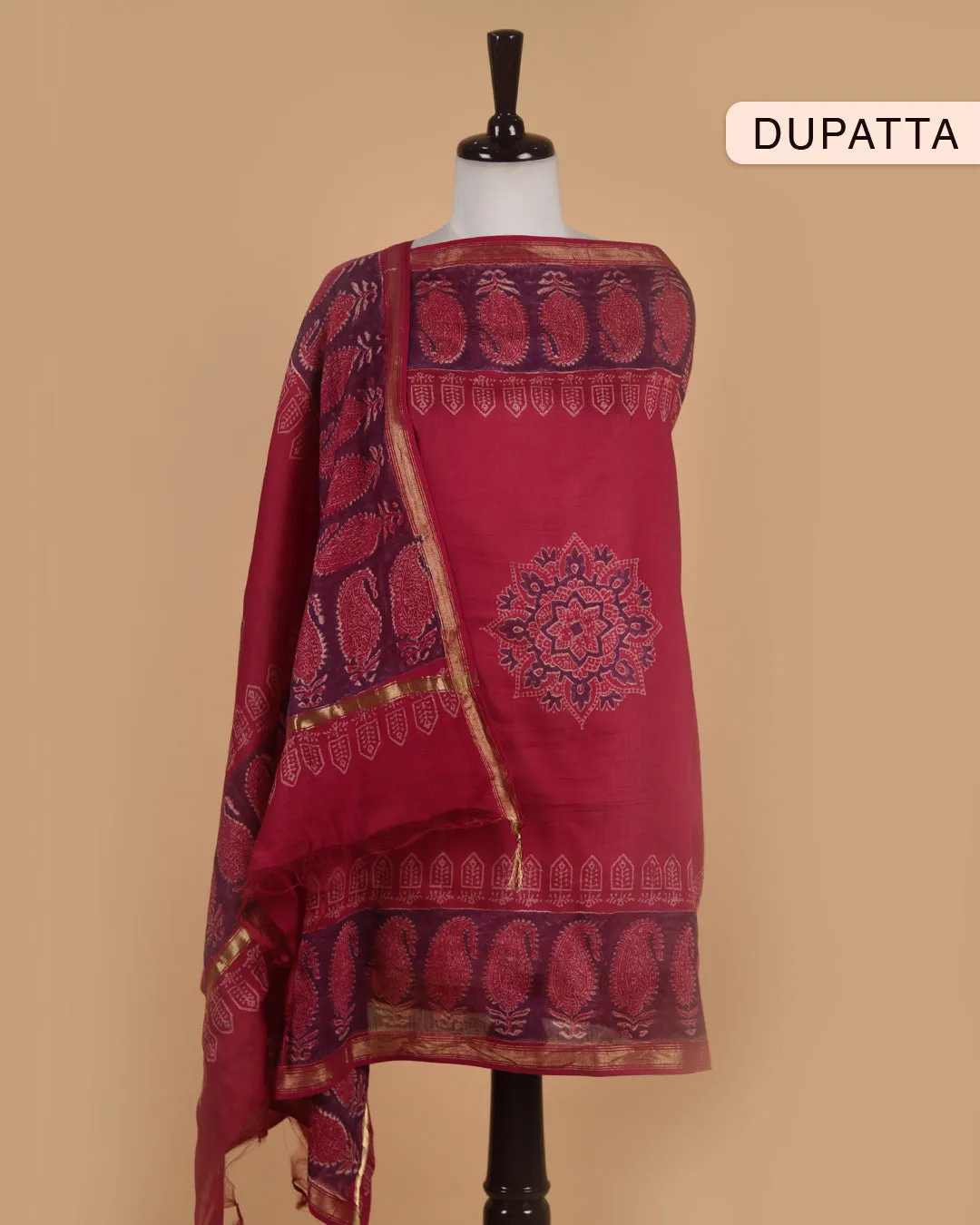 Pink Pure Cotton Ikat Unstitched Suit Fabric Set With Chanderi Printed Dupatta