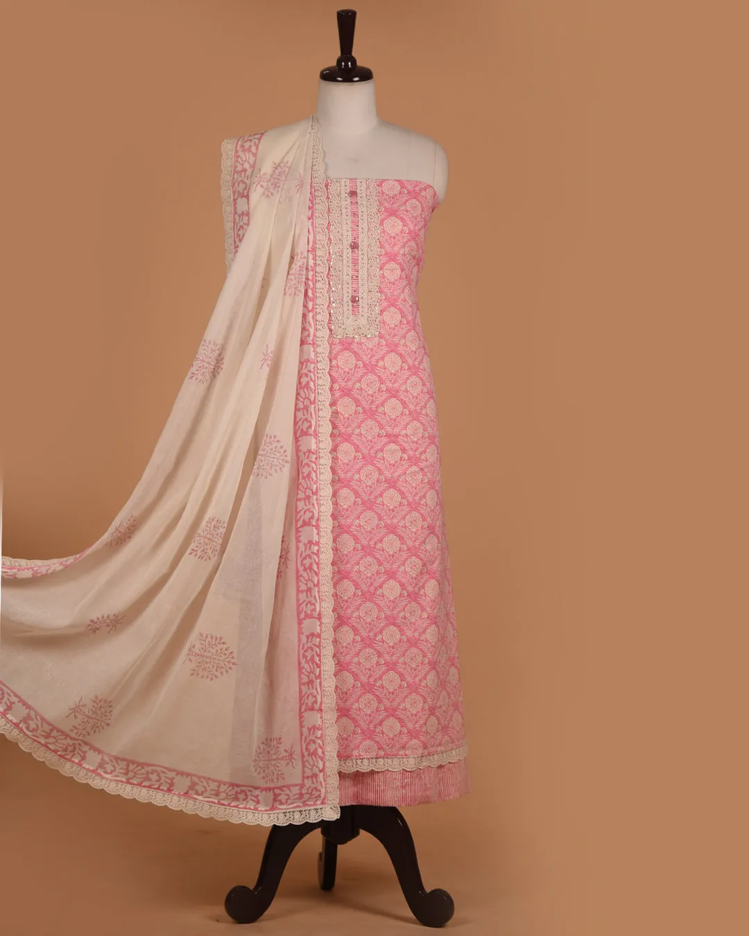 Pink Pure Cotton Printed With Embroidery Unstitched Suit Fabric Set With Cotton Dupatta