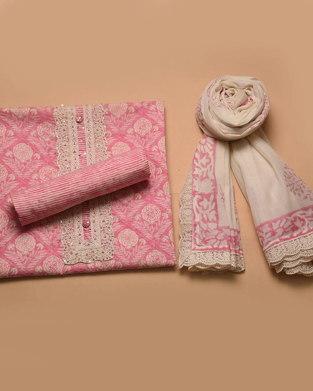 Pink Pure Cotton Printed With Embroidery Unstitched Suit Fabric Set With Cotton Dupatta