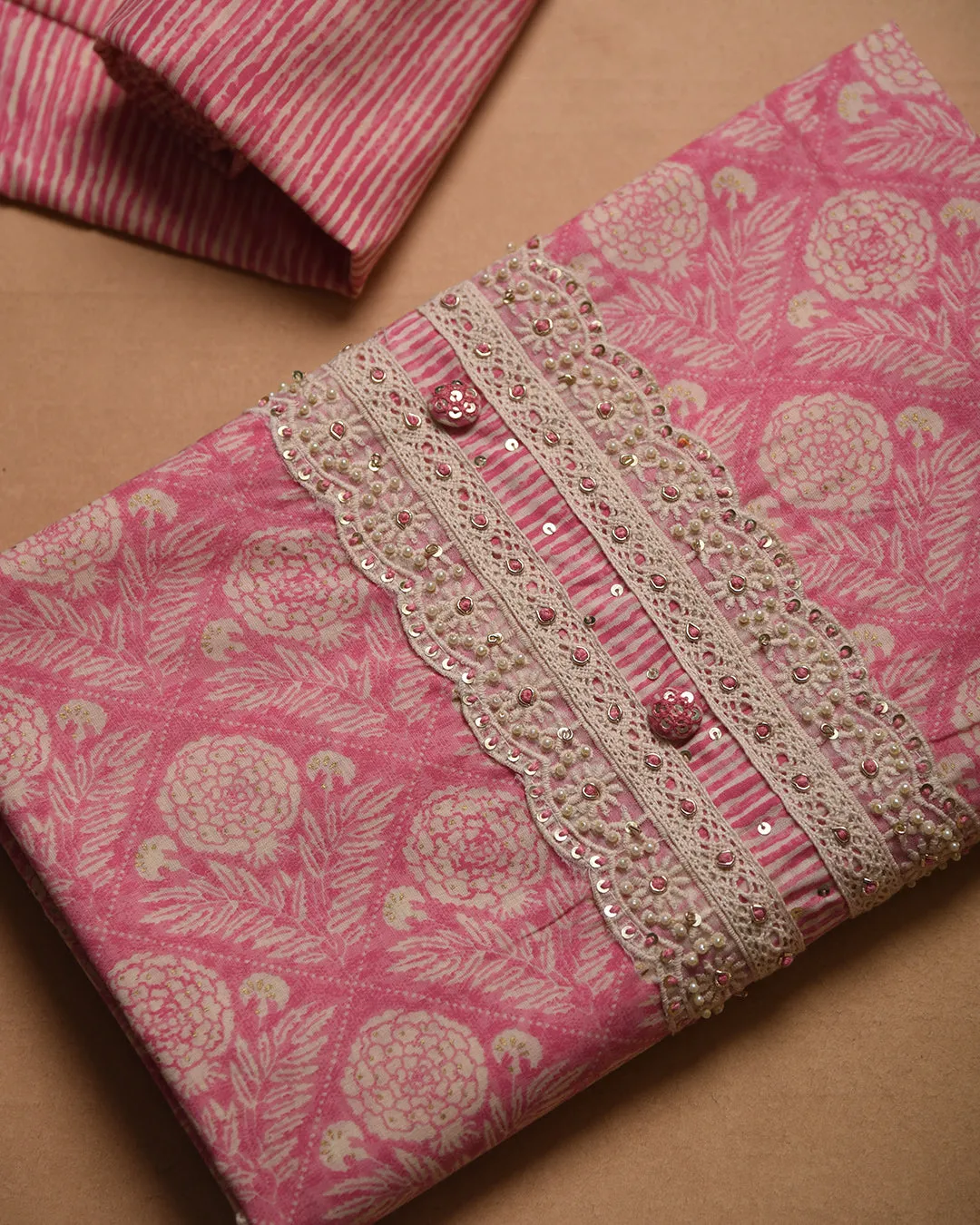 Pink Pure Cotton Printed With Embroidery Unstitched Suit Fabric Set With Cotton Dupatta