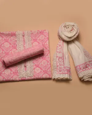 Pink Pure Cotton Printed With Embroidery Unstitched Suit Fabric Set With Cotton Dupatta