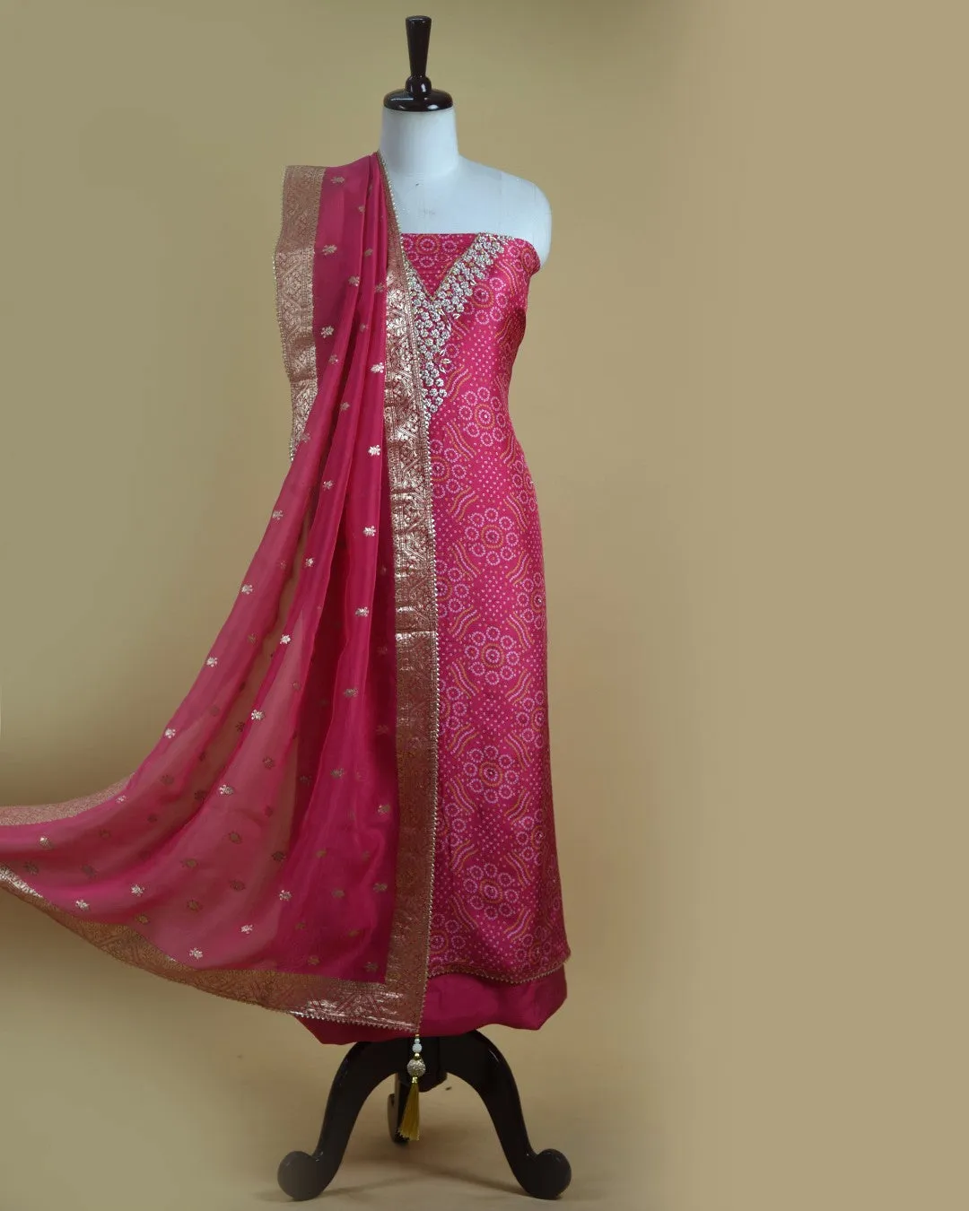Pink Silk Viscose Blend Printed With Embroidery Unstitched Suit Fabric Set With Organza Woven Dupatta