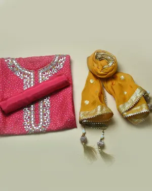 Pink Silk Viscose Printed With Embroidery Unstitched Suit Fabric Set With Organza Woven Dupatta