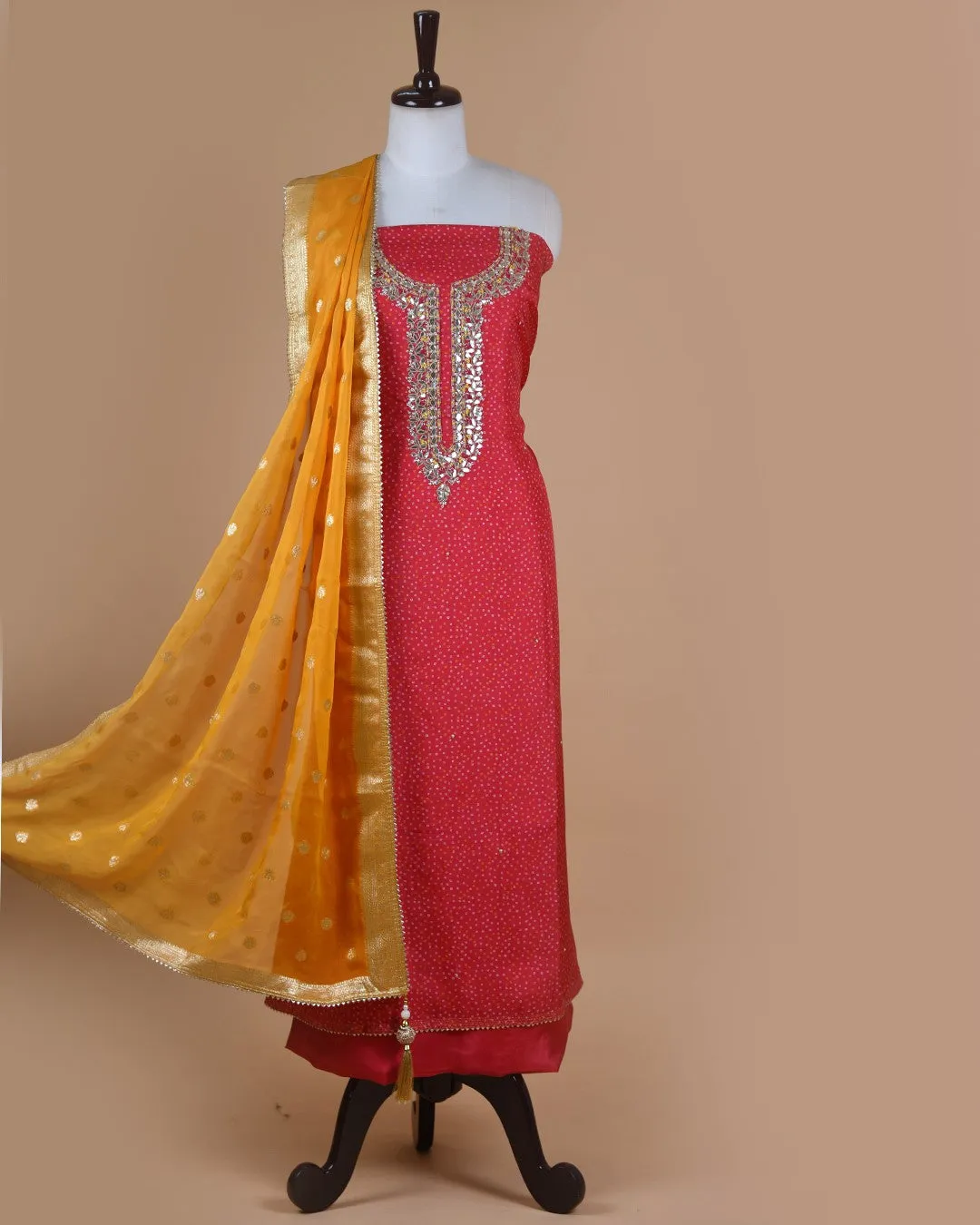 Pink Silk Viscose Printed With Embroidery Unstitched Suit Fabric Set With Organza Woven Dupatta