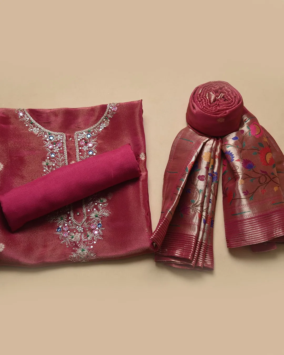 Pink Tissue Shimmer Blend Woven With Hand Embellished Unstitched Suit Fabric Set With Tissue Shimmer Woven Dupatta