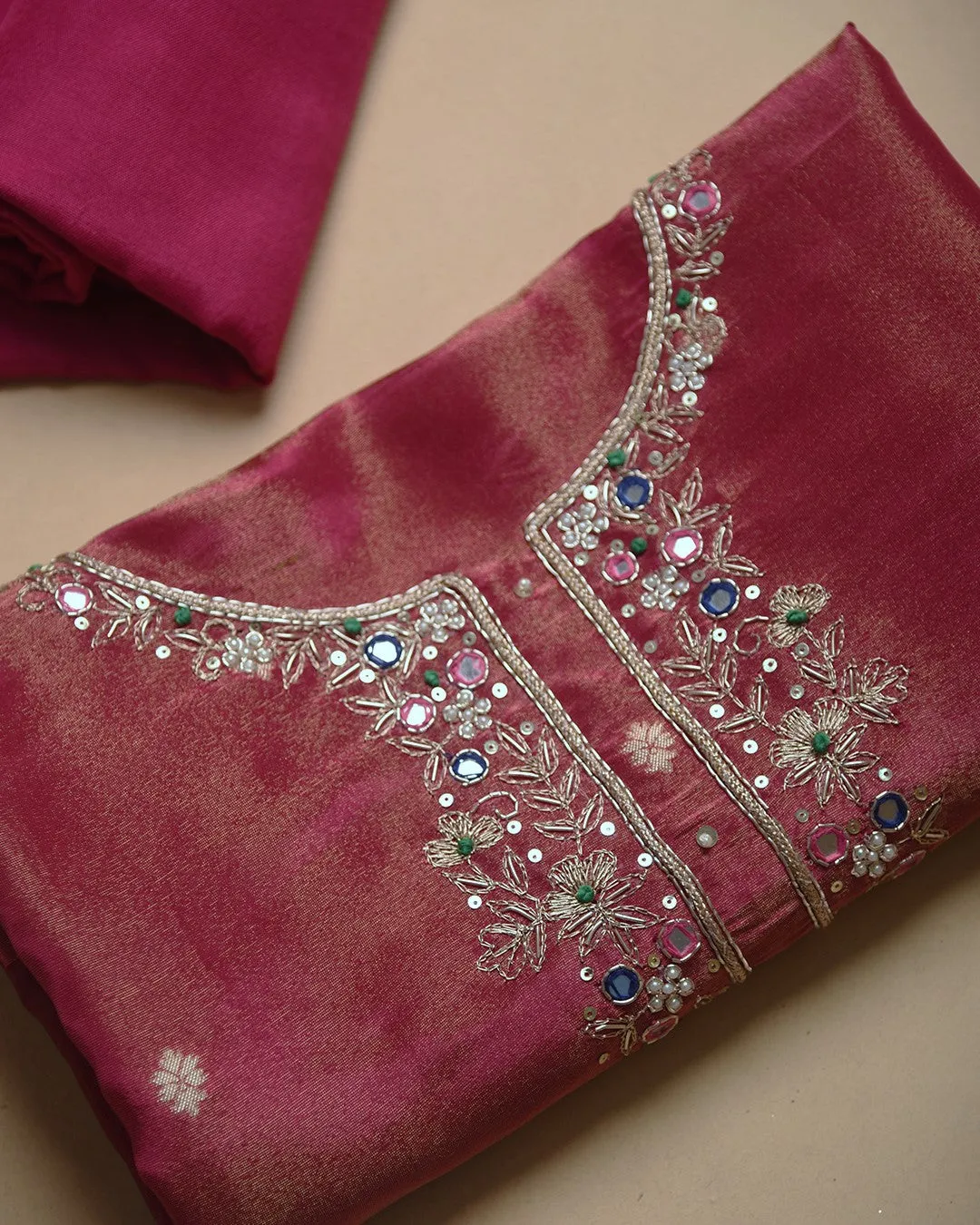 Pink Tissue Shimmer Blend Woven With Hand Embellished Unstitched Suit Fabric Set With Tissue Shimmer Woven Dupatta