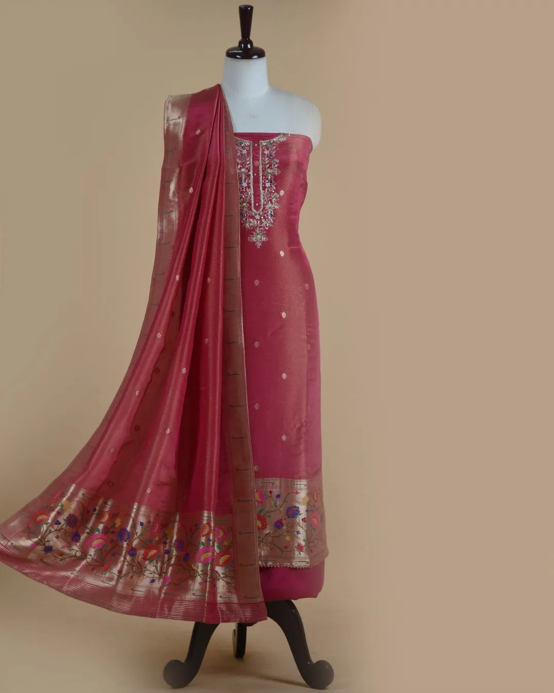 Pink Tissue Shimmer Blend Woven With Hand Embellished Unstitched Suit Fabric Set With Tissue Shimmer Woven Dupatta