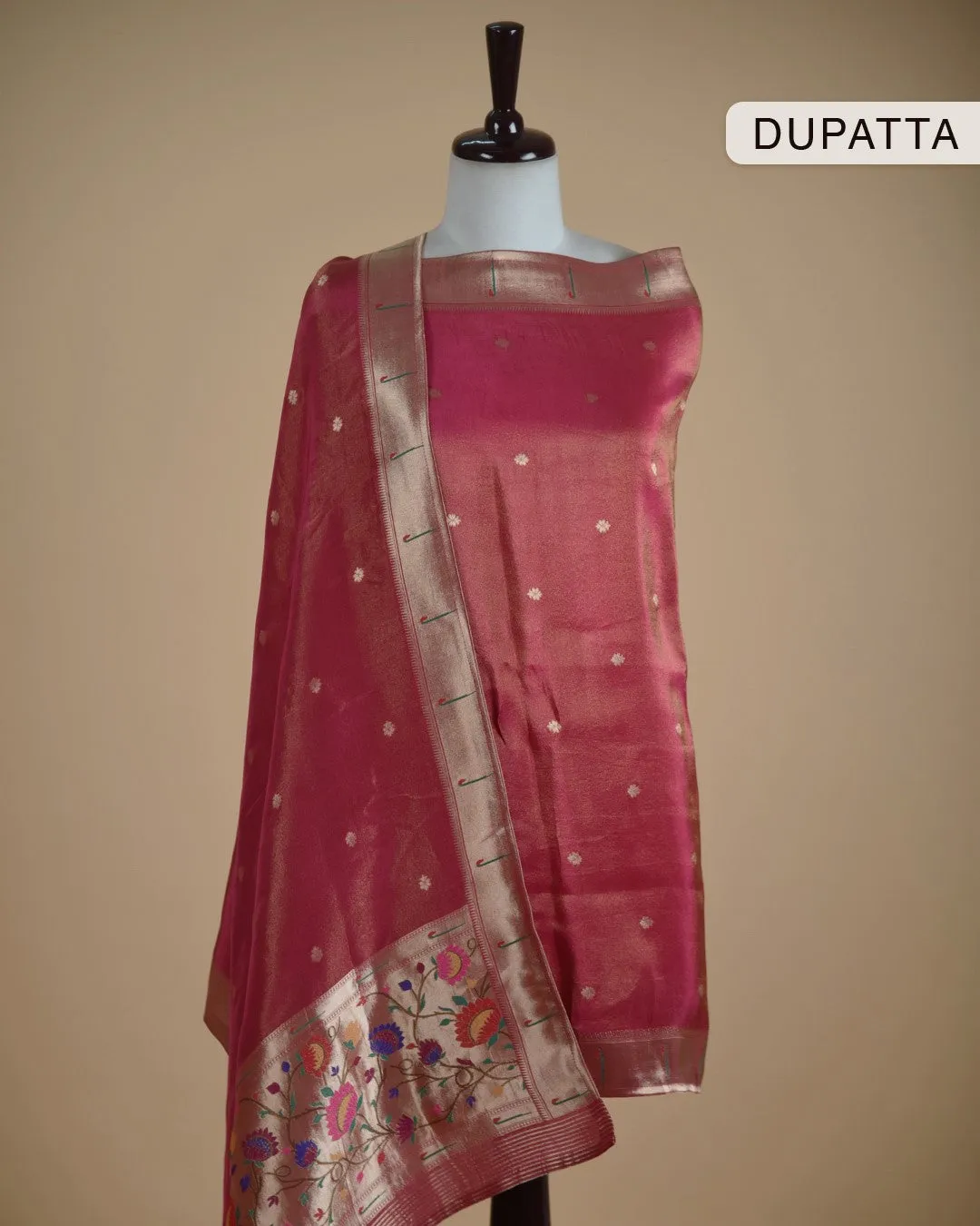 Pink Tissue Shimmer Blend Woven With Hand Embellished Unstitched Suit Fabric Set With Tissue Shimmer Woven Dupatta