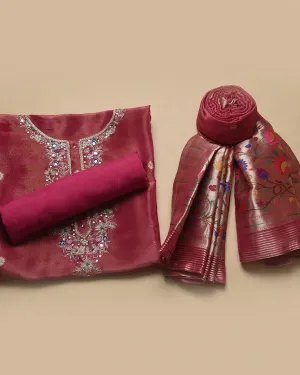 Pink Tissue Shimmer Blend Woven With Hand Embellished Unstitched Suit Fabric Set With Tissue Shimmer Woven Dupatta