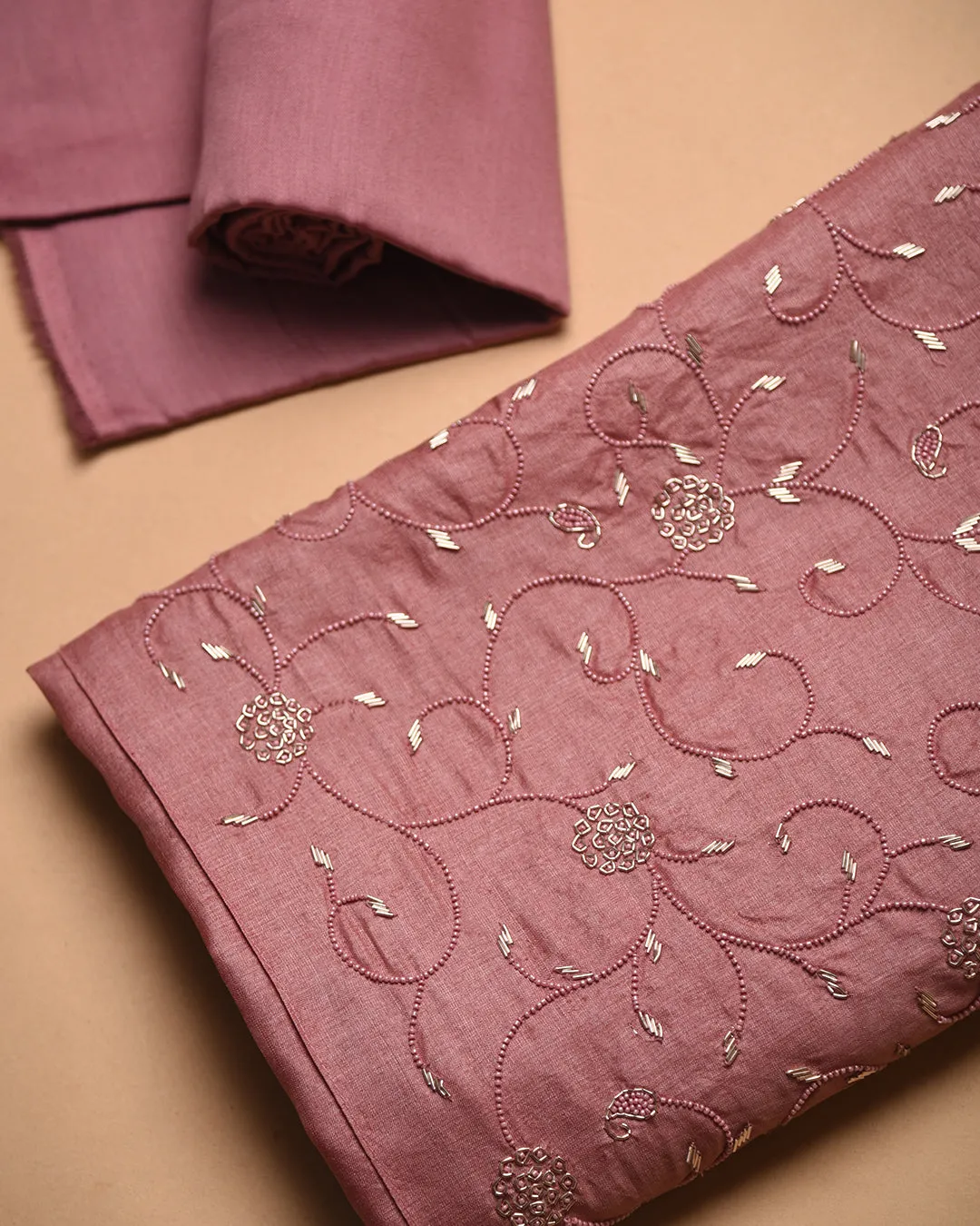 Pink Tussar Silk Hand Embroidered Unstitched Suit Fabric Set With Tussar SIlk Printed Dupatta