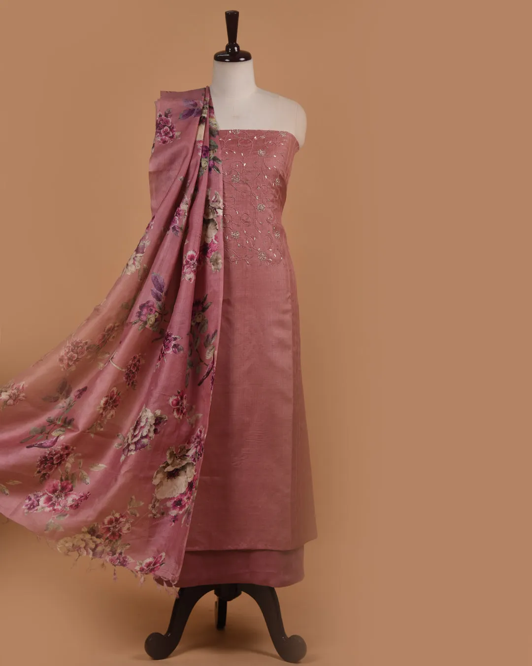 Pink Tussar Silk Hand Embroidered Unstitched Suit Fabric Set With Tussar SIlk Printed Dupatta