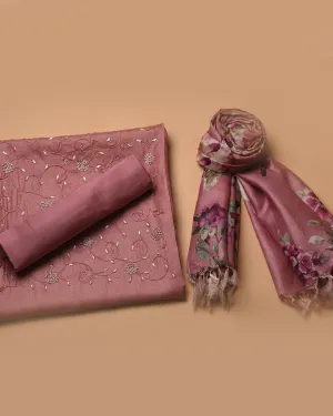 Pink Tussar Silk Hand Embroidered Unstitched Suit Fabric Set With Tussar SIlk Printed Dupatta