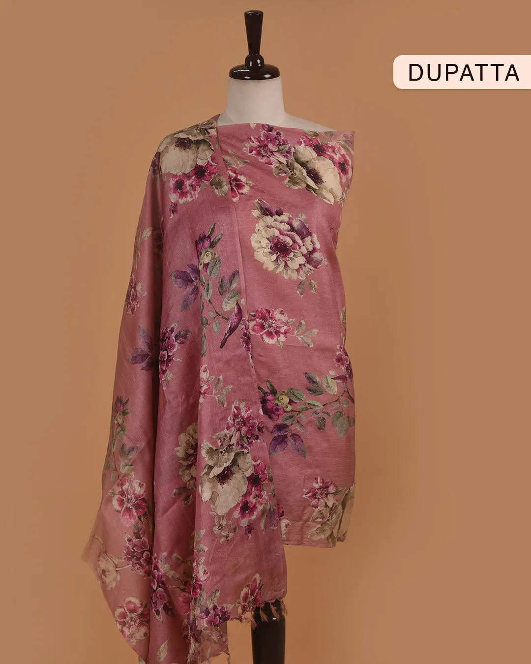 Pink Tussar Silk Hand Embroidered Unstitched Suit Fabric Set With Tussar SIlk Printed Dupatta