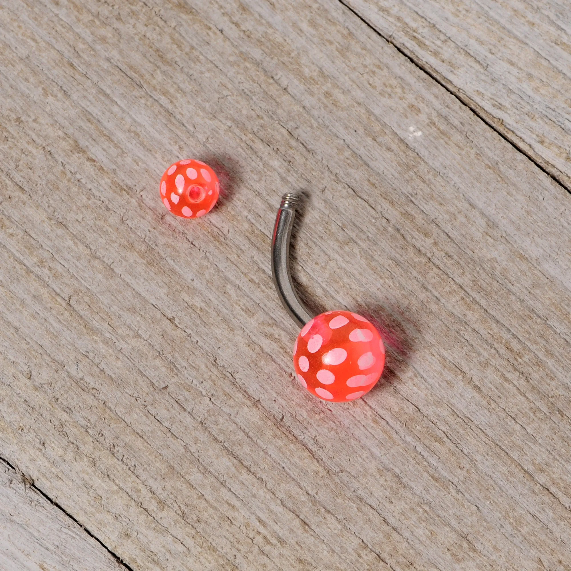 Pink White Polka Dot UV Reactive Acrylic Ball Belly Ring