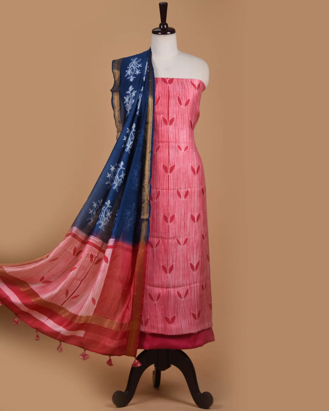 Pink With Blue Chanderi Shibori Dyed Unstitched Suit Fabric Set With Chanderi Shibori Dupatta