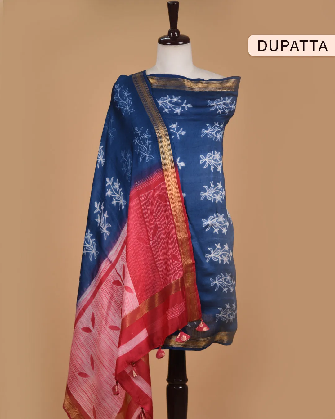 Pink With Blue Chanderi Shibori Dyed Unstitched Suit Fabric Set With Chanderi Shibori Dupatta