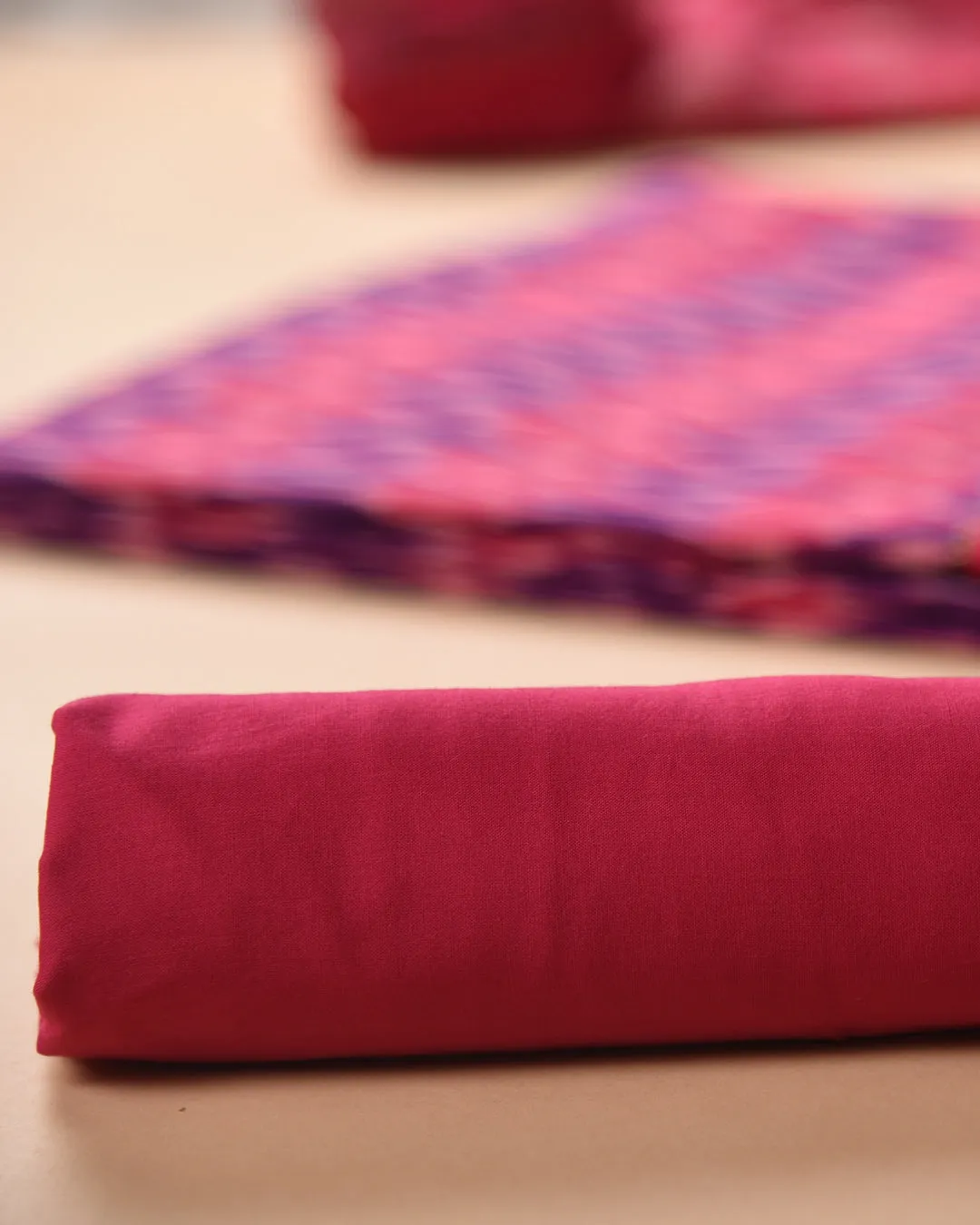 Pink With Blue Pure Cotton Ikat Unstitched Suit Fabric Set With Chanderi Printed Dupatta