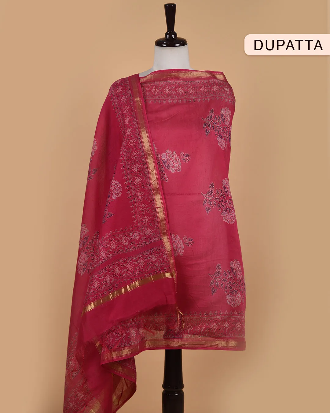 Pink With Blue Pure Cotton Ikat Unstitched Suit Fabric Set With Chanderi Printed Dupatta