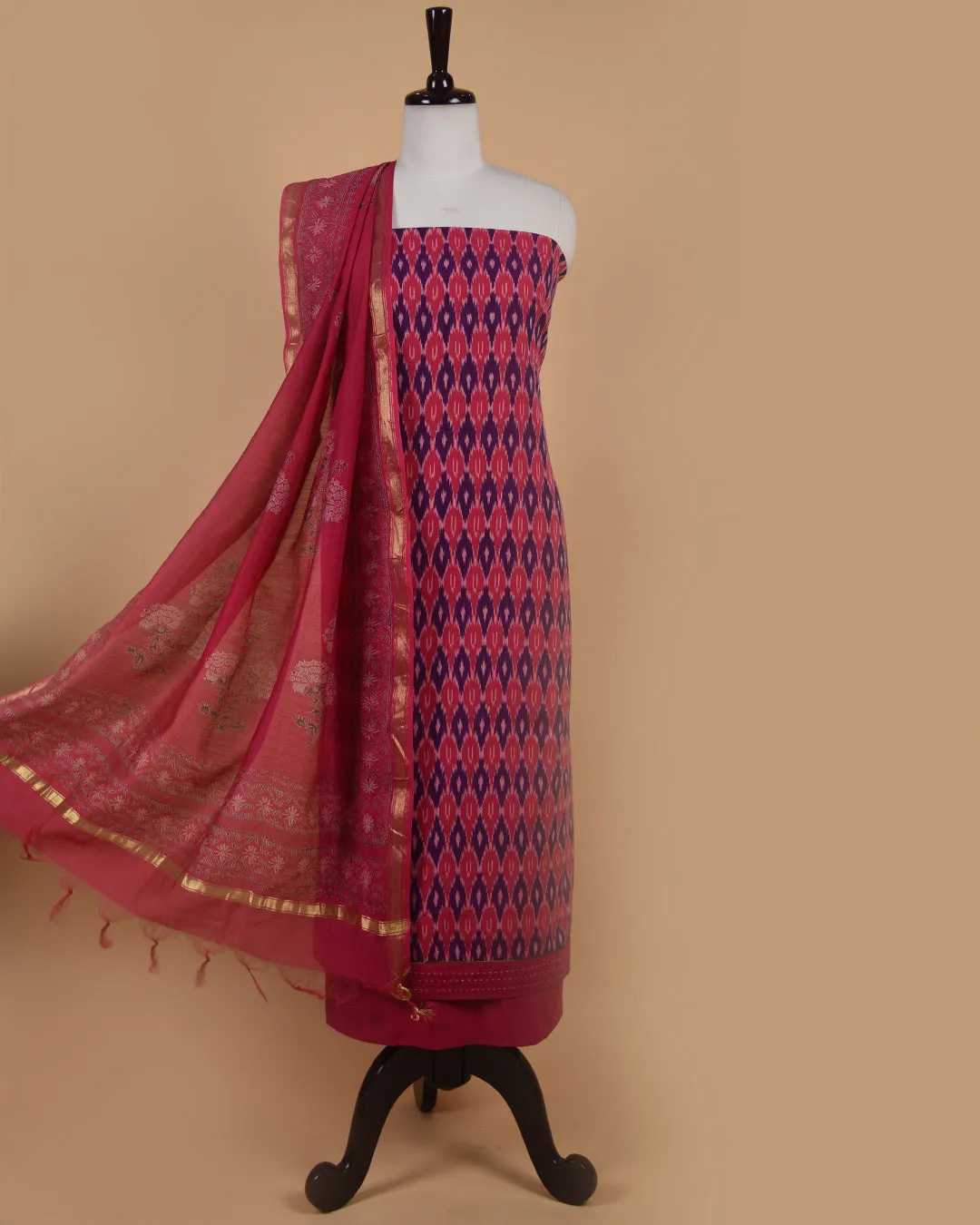 Pink With Blue Pure Cotton Ikat Unstitched Suit Fabric Set With Chanderi Printed Dupatta