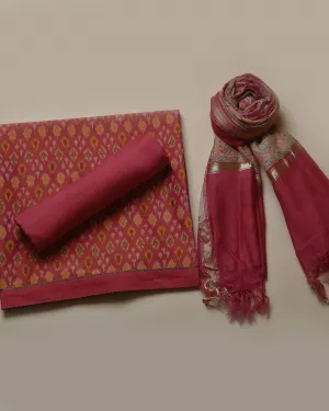 Pink With Yellow Chanderi Silk Ikat Unstitched Suit Fabric Set With Chanderi Dupatta